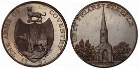 GREAT BRITAIN: AE halfpenny token, 1797, D&H-259, Coventry, Warwickshire, GREY FRIARS STEEPLE around image of same, ERECTED 1234 in exergue // THE ARM...