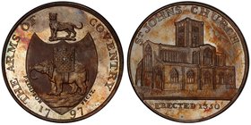 GREAT BRITAIN: AE halfpenny token, 1797, D&H-262, Coventry, Warwickshire, ST. JOHNS CHURCH around image of same, ERECTED 1350 in exergue // THE ARMS O...