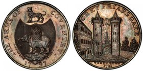 GREAT BRITAIN: AR halfpenny token, 1797, D&H-272 (not listed in silver), Coventry, Warwickshire, GREY FRIARS GATES around image of same, TAKEN DOWN 17...