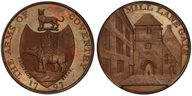 GREAT BRITAIN: AE halfpenny token, 1797, D&H-274, Coventry, Warwickshire, MILL LANE GATE around image of same // THE ARMS OF COVENTRY around coat of a...