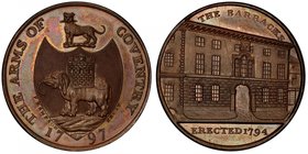 GREAT BRITAIN: AE halfpenny token, 1797, D&H-284, Coventry, Warwickshire, THE BARRACKS around image of same, ERECTED 1794 in exergue // THE ARMS OF CO...