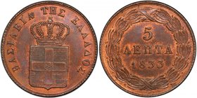 GREECE: Otto, 1832-1862, AE 5 lepta, 1833, KM-16, spot removed, much red original luster, PCGS graded UNC details.

 Estimate: USD 200 - 300