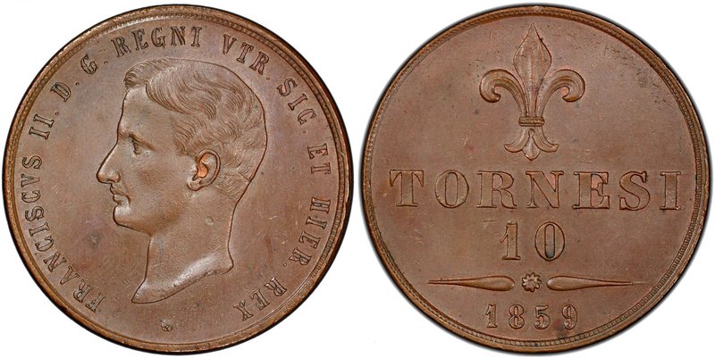 NAPLES & SICILY: Francesco II, 1859-1861, AE 10 tornesi, 1859, KM-377, PCGS grad...