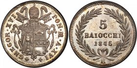 PAPAL STATES: Gregory XVI, 1831-1846, AR 5 baiocchi, 1846/35-R year XVI, KM-1321, PCGS graded MS65. Finest graded at both PCGS and NGC.

 Estimate: ...