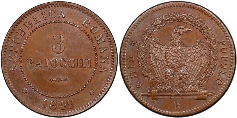 ROMAN REPUBLIC: Second Republic, 1848-1849, AE 3 baiocchi, 1849-R, KM-23.1, roun...