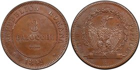 ROMAN REPUBLIC: Second Republic, 1848-1849, AE 3 baiocchi, 1849-R, KM-23.1, round 3 variety, PCGS graded MS64 BR.

 Estimate: USD 200 - 250