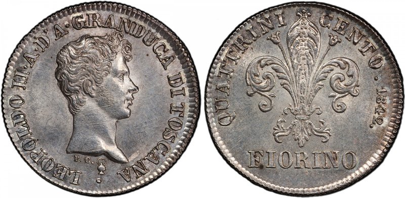 TUSCANY: Leopoldo II di Lorena, 1824-1859, AR fiorino, 1842, KM-72, a lovely min...