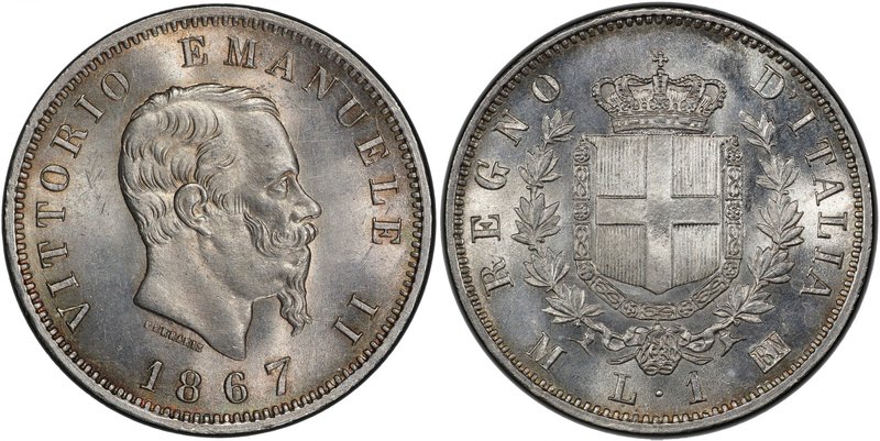 ITALY: Vittorio Emanule I, 1861-1878, AR lira, 1867-M, KM-50.1, PCGS graded MS64...