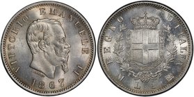 ITALY: Vittorio Emanule I, 1861-1878, AR lira, 1867-M, KM-50.1, PCGS graded MS64+.

 Estimate: USD 100 - 175