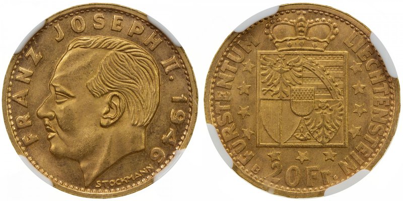 LIECHTENSTEIN: Prince Franz Josef II, 1938-1990, AV 20 francs, 1946-B, Y-14. Fr-...