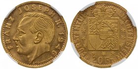 LIECHTENSTEIN: Prince Franz Josef II, 1938-1990, AV 20 francs, 1946-B, Y-14. Fr-17, 0.1867 AGW, lustrous, one-year type, mintage of only 10,000 pieces...