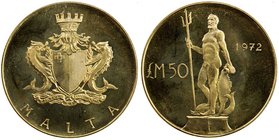 MALTA: Republic, AV 50 maltese pounds, 1972, KM-19, AGW 0.8836; Neptune standing, holding trident, his right foot resting on a dolphin, his left hand ...