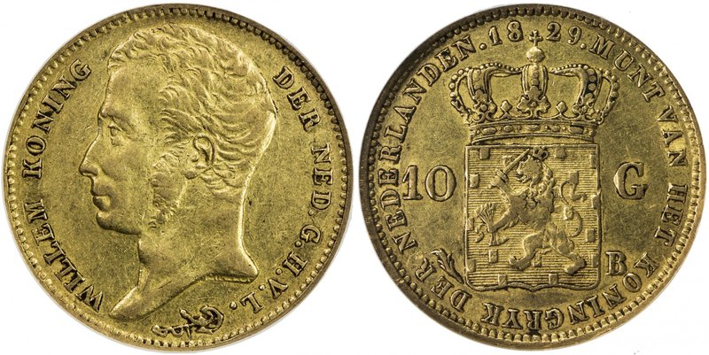 NETHERLANDS: Willem I, 1815-1840, AV 10 gulden, 1829-B, KM-56, Fr-329, Delmonte ...