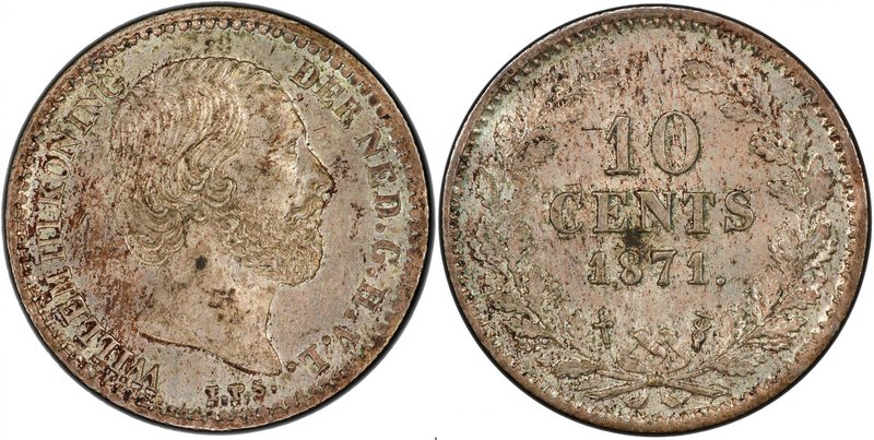 NETHERLANDS: Willem III, 1849-1890, AR 10 cents, 1871, KM-80, sword privy mark, ...