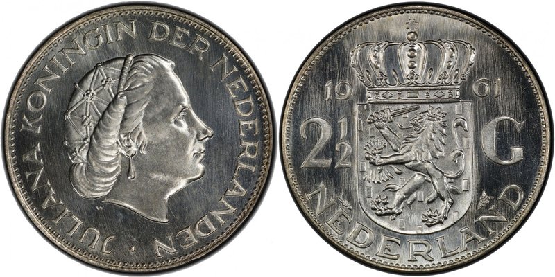 NETHERLANDS: Juliana, 1948-1980, AR 2½ gulden, 1961, KM-185, blast white with re...
