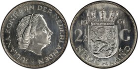 NETHERLANDS: Juliana, 1948-1980, AR 2½ gulden, 1961, KM-185, blast white with reflective surfaces, PCGS graded MS67. Finest graded at PCGS.

 Estima...