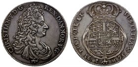 NORWAY: Chrisrtian V, 1670-1699, AR speciedaler, 1695, KM-194.7, Dav-3661, NM 175F, Hede 39G, initials HCM, very bold strike, bust left with Order of ...