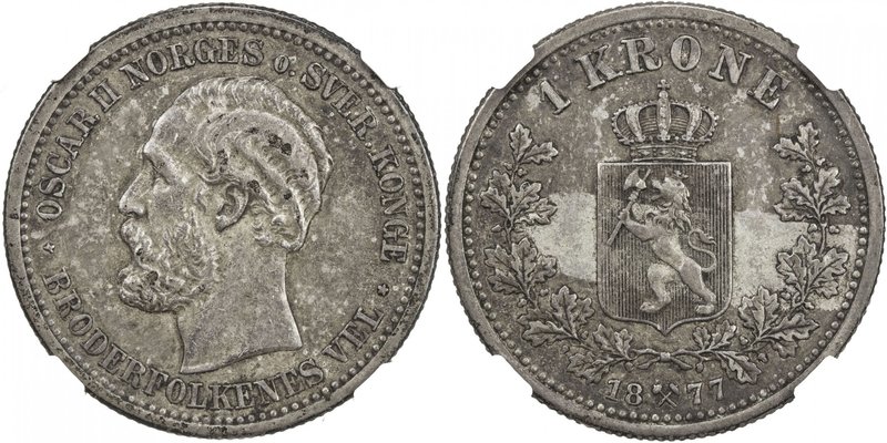 NORWAY: Oscar II, 1872-1907, AR krone, 1877, KM-357, unevenly toned, NGC graded ...