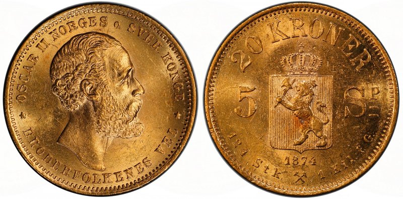 NORWAY: Oscar II, 1872-1907, AV 20 kroner, 1874, KM-348, Fr-15, 0.2593 AGW, bril...