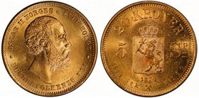 NORWAY: Oscar II, 1872-1907, AV 20 kroner, 1874, KM-348, Fr-15, 0.2593 AGW, brilliant luster, two-year type, PCGS graded MS63.

 Estimate: USD 500 -...