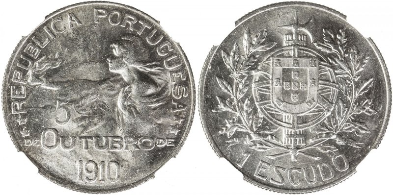 PORTUGAL: Republic, AR escudo, 1910, KM-560, Birth of the Republic, blazing blas...