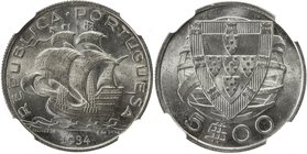 PORTUGAL: Republic, AR 5 escudos, 1934, KM-581, classic caravel design, wonderful luster, better date, NGC graded MS65. Tied for finest graded at NGC....