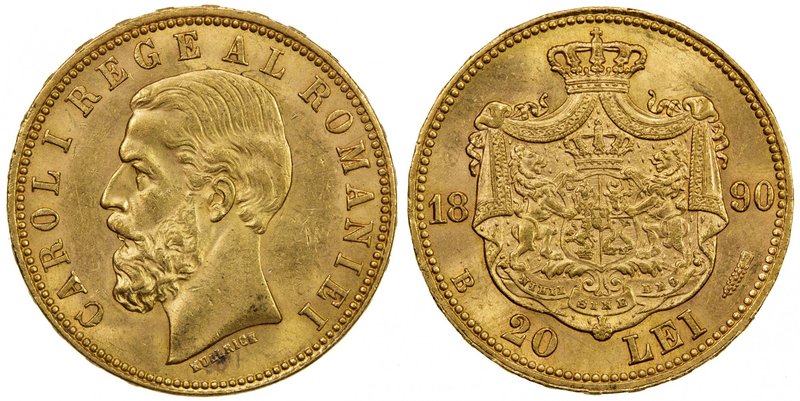 ROMANIA: Carol I, 1866-1914, AV 20 lei, 1890-B, KM-20, Fr-3, UNC.

 Estimate: ...