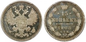 RUSSIAN EMPIRE: Nicholas II, 1894-1917, AR 15 kopeck, 1908, Y-21a.1, Bitkin-134, a lovely proof quality example! PCGS graded PF66 CAM. Finest graded a...