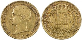 SPAIN: José Napoleón, 1808-1813, AV 80 reales, 1809, KM-542, assayer AI, Madrid Mint issue, some luster, VF.

 Estimate: USD 450 - 550