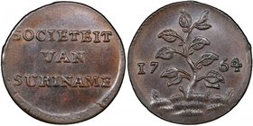 SURINAM: AE duit, 1764, KM-8.2, variety with long grass, wonderful strike and coloration, hints of red on reverse, PCGS graded MS64 BN. The long grass...