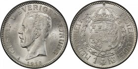 SWEDEN: Gustav V, 1907-1950, AR krona, 1918, KM-786.1, initial W, type with dots dividing date digits, brilliant white luster, better date, PCGS grade...