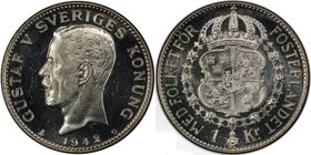 SWEDEN: Gustav V, 1907-1950, AR krona, 1942, KM-786.2, initial G, key date, beautiful reflective surfaces and contrast, PCGS graded MS65 PL. Finest gr...