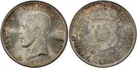 SWEDEN: Gustav V, 1907-1950, AR 2 kronor, 1928, KM-787, initial G, light peripheral tone with white centers, clean surfaces, PCGS graded MS65 +. Fines...