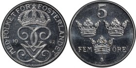 SWEDEN: Gustaf V, 1907-1950, iron 5 öre, 1942, KM-812, PCGS graded MS65 PL. Coins were minted in iron to replace those in bronze, due to metal shortag...
