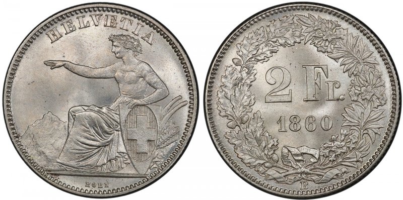 SWITZERLAND: Confederation, 1848-, AR 2 francs, 1860, KM-10a, a lovely example! ...