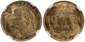 SWITZERLAND: Confederation, 1848-, AV 10 francs, 1922-B, KM-36, Fr-504, 0.0933 AGW, magnificient luster, NGC graded MS66.

 Estimate: USD 130 - 160