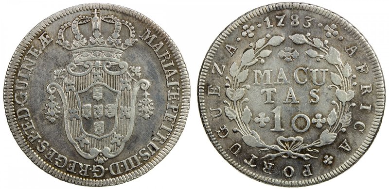ANGOLA: Maria I and Pedro III, 1777-1786, AR 10 macutas, 1783, KM-24, one-year t...