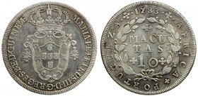 ANGOLA: Maria I and Pedro III, 1777-1786, AR 10 macutas, 1783, KM-24, one-year type, EF.

 Estimate: USD 625 - 725