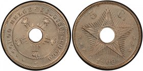 BELGIAN CONGO: Leopold II, 1885-1909, 5 centimes, 1909, KM-12, scarce one-year type, PCGS graded AU58, S. 

 Estimate: USD 300 - 350