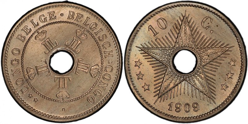 BELGIAN CONGO: Leopold II, 1885-1909, 10 centimes, 1909, KM-13, scarce one-year ...