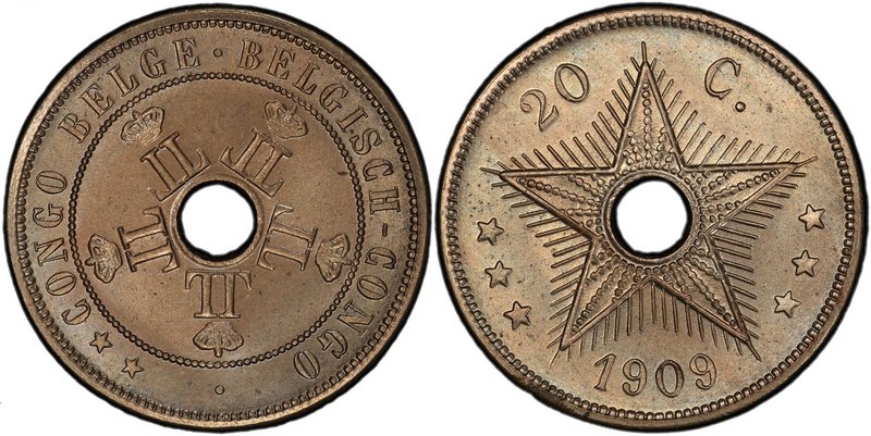 BELGIAN CONGO: Leopold II, 1885-1909, 20 centimes, 1909, KM-14, scarce one-year ...