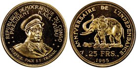 CONGO (DEMOCRATIC REPUBLIC): AV 25 francs, 1965, KM-4, Fr-3, 0.2333 AGW, 5th Anniversary of Independence, bust of President Joseph Kasa-Vubu // elepha...