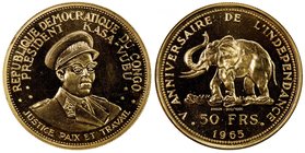 CONGO (DEMOCRATIC REPUBLIC): AV 50 francs, 1965, KM-5, Fr-2, 0.4667 AGW, 5th Anniversary of Independence, bust of President Joseph Kasa-Vubu // elepha...