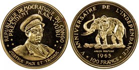 CONGO (DEMOCRATIC REPUBLIC): AV 100 francs, 1965, KM-6, Fr-1, 0.9334 AGW, 5th Anniversary of Independence, bust of President Joseph Kasa-Vubu // eleph...