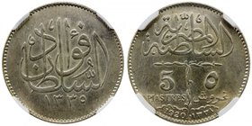 EGYPT: Fuad, as Sultan, 1917-1922, AR 5 piastres, 1920-H/AH1338, KM-326, one-year type, lightly toned, NGC graded MS60.

 Estimate: USD 475 - 575