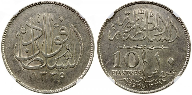 EGYPT: Fuad, as Sultan, 1917-1922, AR 10 piastres, 1920-H/AH1338, KM-327, bold s...
