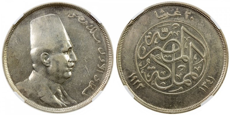 EGYPT: Fuad I, as King, 1922-1936, AR 20 piastres, 1923/AH1341, KM-338, semi-pro...