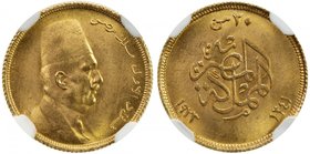 EGYPT: Fuad I, as King, 1922-1936, AV 20 piastres, 1923/AH1341, KM-339, Fr-105, brilliant luster, yellow gold issue, one-year type, NGC graded MS65.
...