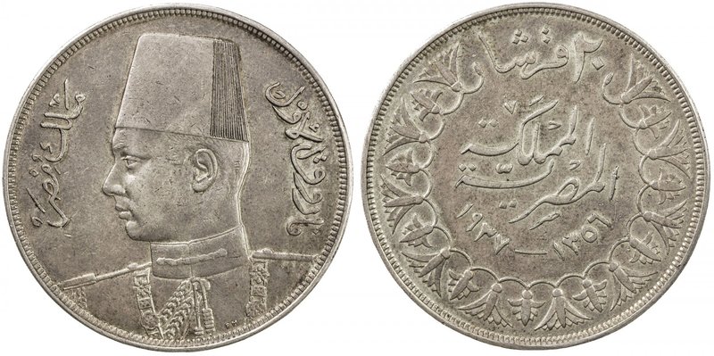 EGYPT: Farouk, 1936-1952, AR 20 piastres, 1937/AH1356, KM-368, bold EF-AU.

 E...