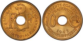 FRENCH EQUATORIAL AFRICA: 10 centimes, 1943, KM-4, Lec-6, Free French WWII issue, a fantastic example! PCGS graded MS66. This coin was struck in Preto...